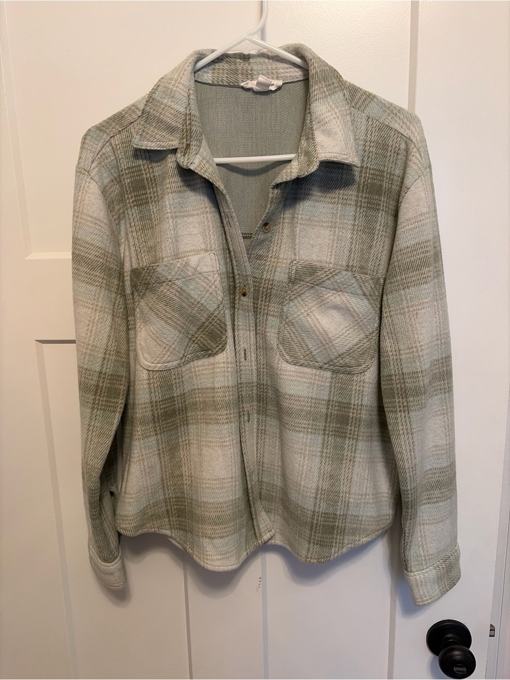 beachlunchlounge Plaid Utility Shacket in Sage and Cream